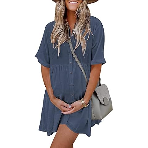 PYGFEMR Women's Short Sleeve Babydoll Dress Button Down Dresses with Pockets Gray Blue S Cover