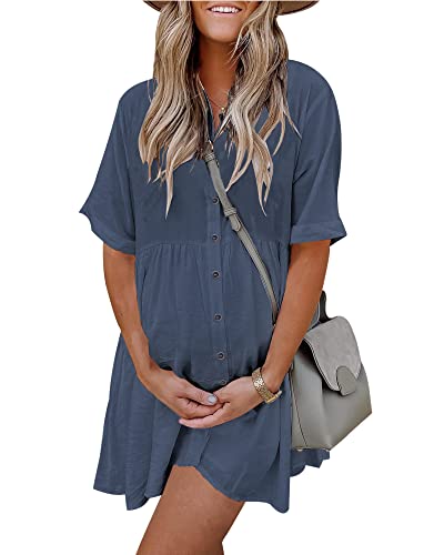 PYGFEMR Women's Short Sleeve Babydoll Dress Button Down Dresses with Pockets