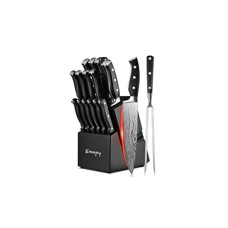 Knife Set, Emojoy 18-Piece Knife Sets for Kitchen with Block, Stainless Steel Kitchen Knives with Built-in Sharpener, Kitchen Shears and Carving Fork, Black