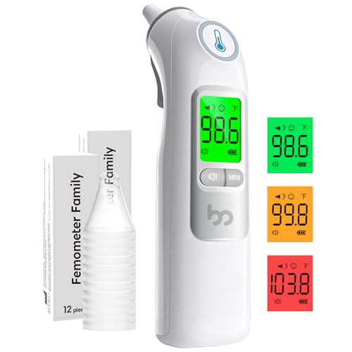 Femometer Family Ear Thermometer, Highly Accurate Ear Thermometer for Kids, Adults and Babies, 30 Memory Recall, 1s Result and 3-Color Fever Alert, with 24 Disposable Probe Covers, Gray