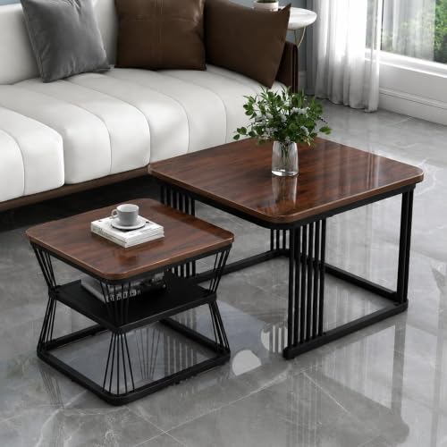 Image of Brown Art Shoppee Set of 2 Modern Coffee Tables with Marble Finish Top, Metal Frame, Nesting Center Table & End Table for Living Room Home Decor (Black & Brown)