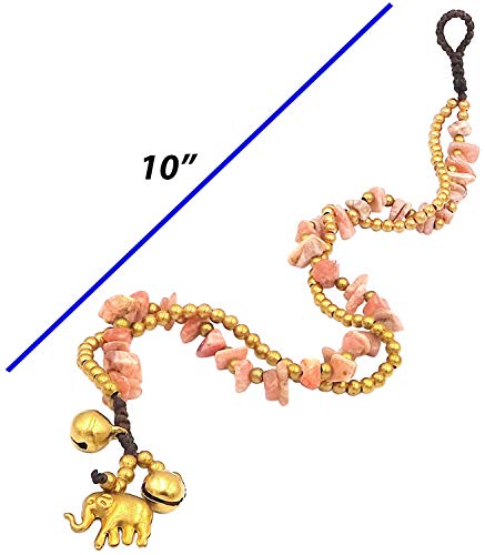 Bijoux De Ja Handmade Pink Rhodonite Chip Stone Elephant Charm Brass Beads Anklet Bracelet 10" #TOP4
