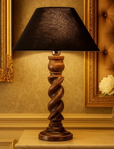 Image of Homesake Handcrafted Wooden Table Lamp for Bedroom & Living Room|Decorative Bedside Reading Lamp, E27 Holder|Bulb Included |Twister Classic Black Wooden Rustic for Home Decor, Black Cone Shade