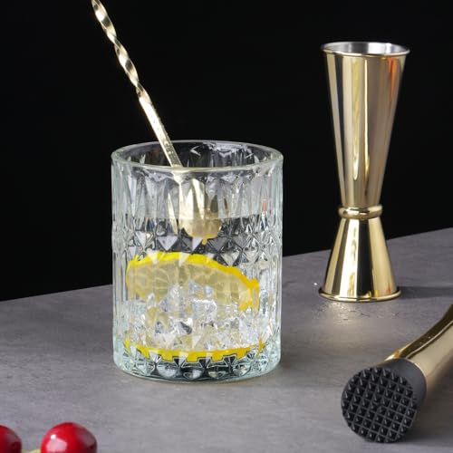 Gbuxska Gold Muddler for Cocktails, 10 Inches Bar Spoon, 1 oz 2 oz Double Jigger- Premium 3 Piece Gold Mixing Tools Set for Drinks