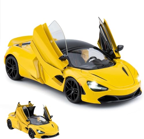 Image of FEXXA 1.18 Scale McLaren 720S Die-Cast Metal Car with Sport car Openable Doors Light and Sound,Pull Back Function Indoor Outdoor Toy for Kids (Yellow)
