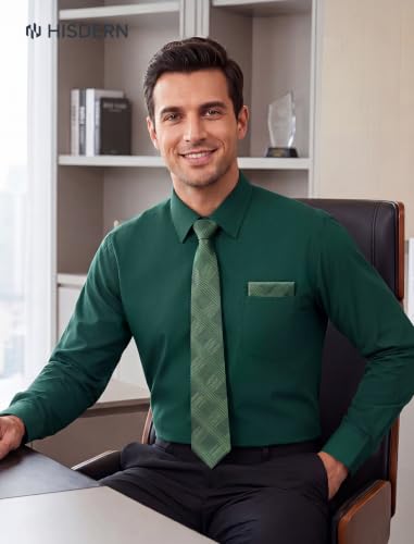 Image of HISDERN Mens Dress Shirt with Tie Pocket Square Set Classic Button Down Shirt Matching Tie Long Sleeve Shirts