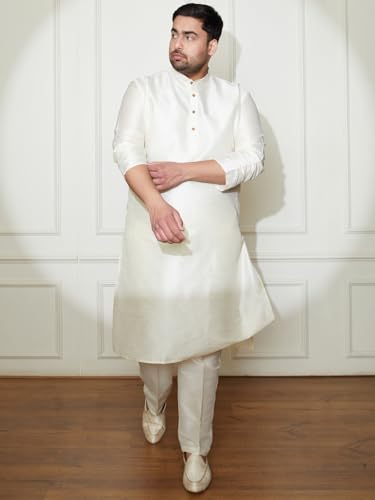 Image of Vastramay Men's Yellow Silk Blend Banarasi Kurta, Full Sleeve, Mandarin Neck, Regular Fit, Festive, Soft Comfortable Feel, Solid Design for Traditional Occasions