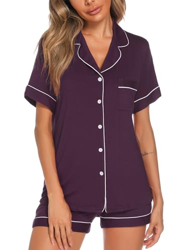 Image of Aamikast Button Up Pajama Set for Women Shorts Short Sleeve Knit Sleepwear 2 Pice Pjs Sets
