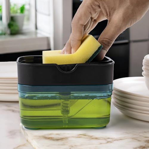 Image of HomeWiz Soap Dispenser for Kitchen & Bathroom 400ml | Countertop Soap Pump Bottle with Sponge Holder | Kitchen Sink Dishwash Liquid & Hand Wash Dispenser | Clear Rust-Free Body | Easy Clean & Refill