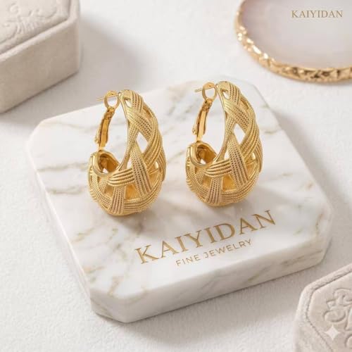 Chunky Gold Hoop Earrings for Women Dainty, 14K Gold Plated Woven Braided Hollow Out Oval Huggie Hoops, Hypoallergenic Lightweight Thick Statement Geometric Earrings Fashion Jewelry Birthday Gifts by KAIYIDAN - Used condition - Image 3