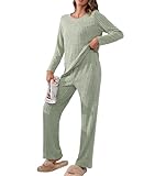 YuYukan Womens Lounge Pajama Sets 2 Piece Long Sleeve Ribbed Fleece Fall Nightwear Casual PJs Leisure Set Loose Fit Comfortable Sleepwear (Army green， X-Large)