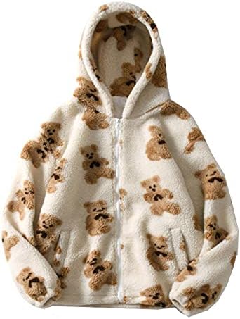 Oversized Sherpa Jacket for Women Fuzzy Fleece Cute Teddy Bear Print Coat Zip Up Long Sleeve Hooded Outwear with Pocket White