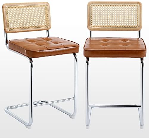 Zesthouse 24'' Counter Height Bar Stools Set of 2 for Kitchen Counter, Modern Rattan Bar Chairs, Faux Leather Upholstered Barstools Island Stool, Chrome Frame & Browm