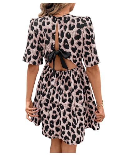 Image of SweatyRocks Women's Leopard Print Bowknot Puff Short Sleeve Dresses Summer Casual V Neck Wrap Front Dress