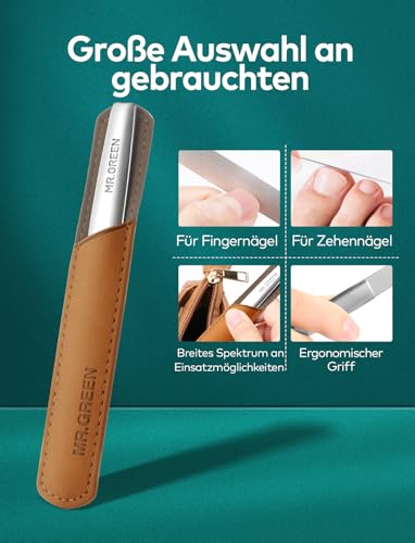 MR.GREEN Nagelfeile, Professionelle Doppelseitige Nagelpfeile, Solingen Edelstahl Nagelfeilen mit Rutschfestem Griff Reinigungsspitze und Lederetui, Premium Nail File für Damen& Herren