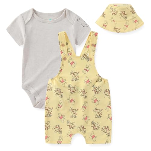 Image of Disney Winnie the Pooh Baby Boys French Terry Shortall Overalls T-Shirt and Hat 3-Piece Set for Infants