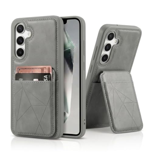Image of amazon basics Premium Vegan Leather Back Cover with Card Holder and Integrated Mobile Stand for Samsung Galaxy S24FE 5G - Slim Shockproof Wallet Case with Geometric Stitching [Gray]