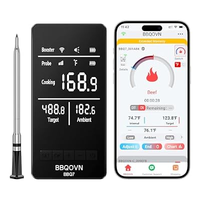 BBQOVN Smart WiFi Wireless Meat Thermometer, Sub-1G 656FT Range, 7-Sensor Probe, Standalone LED Base, IP68 Waterproof, APP Remote for BBQ Grill Smoker Oven