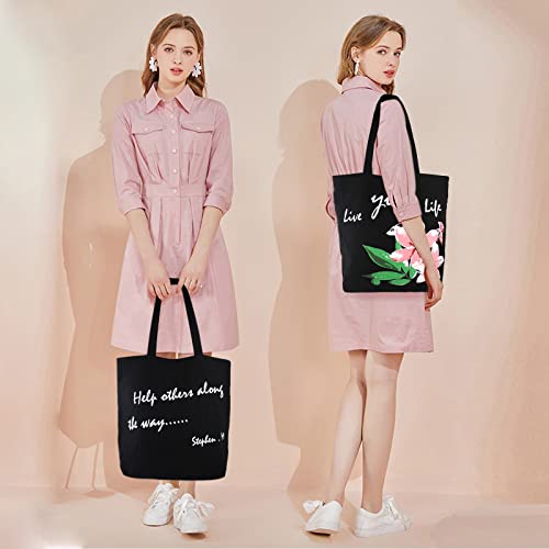 Mel Jun Canvas Tote Bag For Women, Light Beach Bags Gym Tote Reusable Grocery Bag Reading Totes Weekend Church Bag Black Floral Tote Bags With Pink Flower #TOP1
