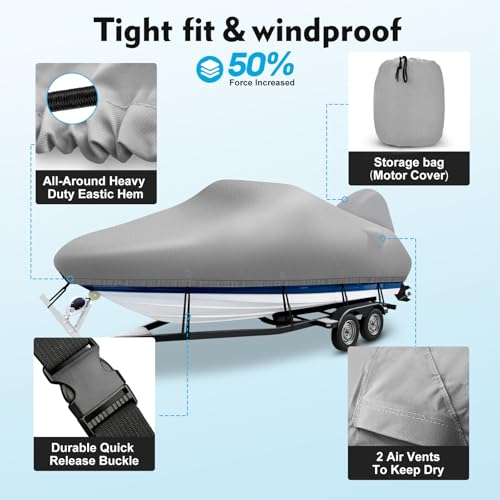 Boatpro B1 V COVER-GRAY-17 Boat Cover 17-19Ft With Motor Cover,Waterproof 1200D Heavy Duty Marine Canvas Trailerable Boat Covers thumb #5