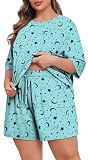 Lastshe Pajamas Set Women's Plus Size 2 Piece Soft Short Sleeve with Pockets Shorts Sleepwear Knit Pjs Loungewear Summer,Blue Star Moon,2X