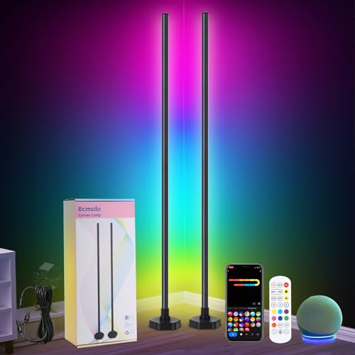 Bcmsda Corner Floor Lamp Set of 2, RGB LED Corner Lamp with Music Sync, Smart App and Remote Control Color Changing Ambience Light, 16 Million DIY Colors Timer Setting for Bedroom, Living Room