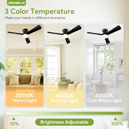ZOUQILAI Ceiling Fans with Lights - 42 Inch Low Profile Ceiling Fan with Light and Remote, Reversible DC Motors, 3CCT Dimmable Timer Noiseless, Black Flush Mount Ceiling Fan for Bedroom/Living Room thumbnail 4