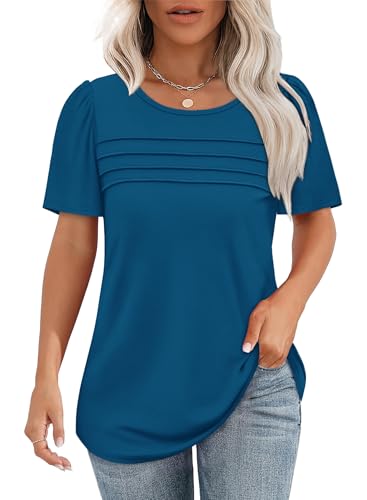 Womens Tops Short Sleeve Blouses Dressy Casual Summer Clothes 2025 Plus Size Shirts Business Vacation Outfits Teal Blue XL