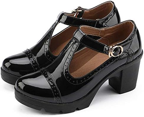 Black Wedge Pumps Black Oxford Heels Black Leather Sandals for Women Wedge Women's Classic T-Strap Platform Mid-Heel Square Toe Oxfords Dress Shoes (777black41)