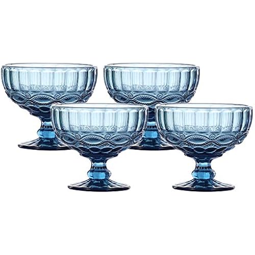 VanEnjoy Deep-blue Vintage Pressed Pattern Glass Ice Cream Cups/Dessert Bowls - Set of 4,12 Oz
