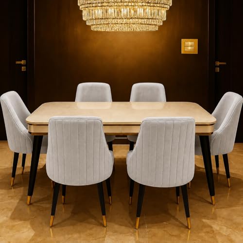 Image of WOODEN SPACE 6-Seater Wooden Dining Table Set | Nano Composite Marble Top | Solid Wood Base | Modern Dining Room Furniture with 6 Chairs (Light Grey Infinity Backline)