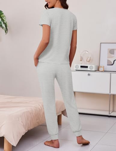 Image of Ekouaer 2 pack Pajama Sets for Womens Jogger Pants Pjs Short Sleeves Lounge Set Soft Sleepwear with Pockets
