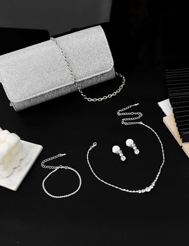 Silver Jewelry Set for Women Rhinestone Prom Choker Necklace Earrings Bracelet Clutch Purse Silver Accessories Bride Bridesmaid Crystal Bridal Jewelry for Wedding Engagement Party Prom Accessories3