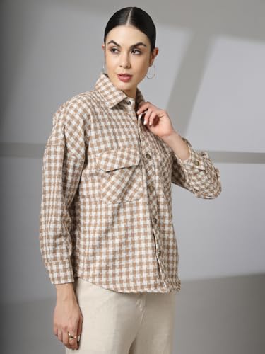 Image of CHKOKKO Tweed Women Oversized Winter Shacket Stylish Standard Length Coat Plaid Jacket Shirt