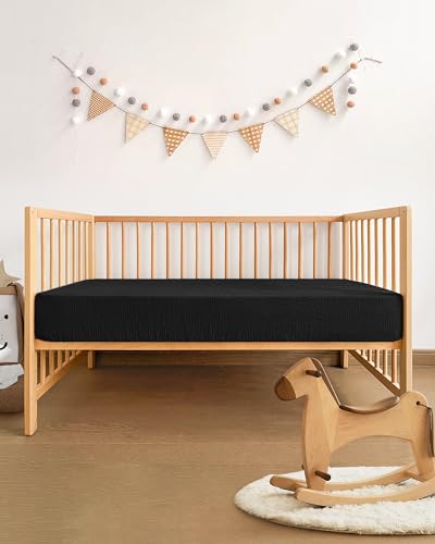 Image of Pro Goleem Muslin Crib Sheets for Boys and Girls, Soft Breathable Neutral Fitted Cotton Baby Bed Sheets for Standard Crib Mattress & Toddler Mattress (52 inchx28 inch), 1 Pack (Black)