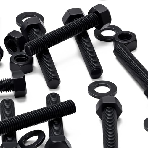 Image of 10x Black Nylon PA66 Hex Head Plastic Bolts, Nuts & Washers, M10 x 50 mm, Fastener, (25 /64 x 1 31 /32 in)