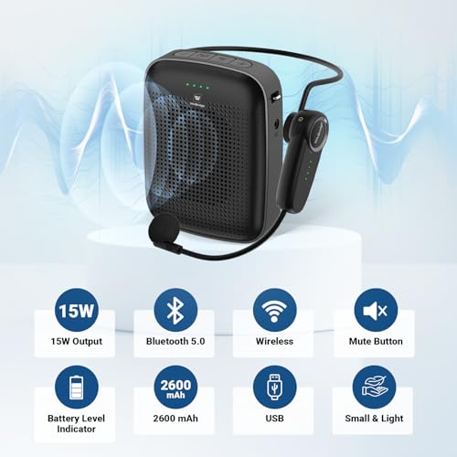 Image of WinBridge Wireless Voice Amplifier for Teachers - 15W Portable Bluetooth Speaker with Wireless Microphone Headset, Mini PA System, Personal Mic for Classroom, Teaching, Training & Public Speaking A002