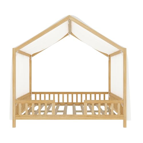 Image of Bellemave Full House BedFrame with Canopy and Rails, Montessori Bed, House Bed with Rails for Kids, Natural