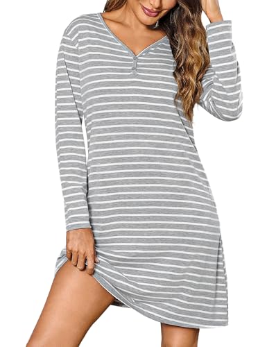 Bresdk Nachthemd Damen Langarm Baumwolle Schlafhemd V Ausschnitt Knöpfe Nachtwäsche Gestreift Schlafshirt Nachtkleid, Hellgrau, L