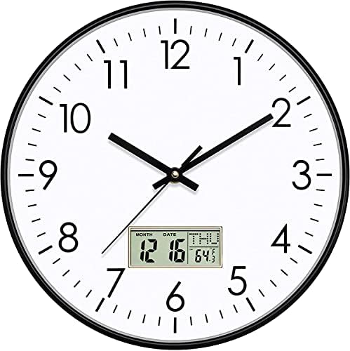 Foxtop Reloj de pared digital con pantalla LCD de temperatura, fecha, números grandes, sin ruido de tictac, para salón, dormitorio, escuela (negro, 30 cm)
