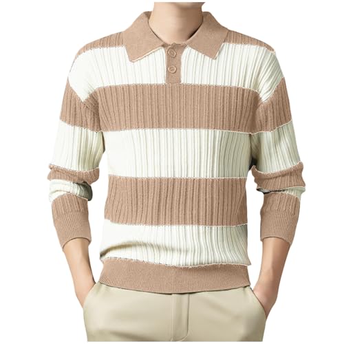 Men's Color Block Sweater Striped Button Up Lapel Collar Lightweight Long Sleeve Knit Pullover Fall Sweaters Top 2025