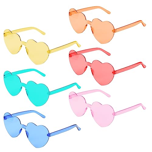 Heart Sunglasses for Women, 6PCS Candy Color Heart Shaped Sunglasses Fun Cute Rimless Transparent Glasses for Party Favors