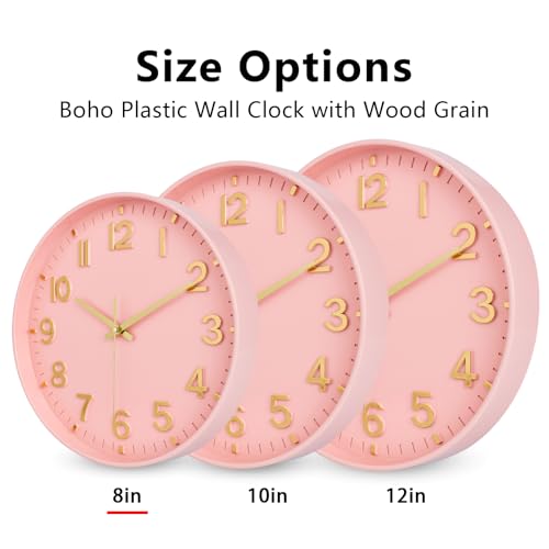 Image of HZDHCLH Wall Clocks Battery Operated,Wall Clock Pink Gold 8 inch Wall Clock Silent Non Ticking Modern 3D Numbers for Office Kitchen Classroom Bedroom Living Room Decor