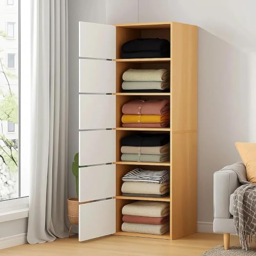 Image of EXVITO Engineered Wood Wardrobe for Bedroom | Foldable 5-Shelf Wooden Storage Cabinet | Cupboard Almirah for Clothes | Collapsible Wardrobe | Digital Heavy PC Game Cabinet - Maple