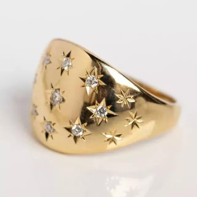 DJ || Dome Wedding Ring With Star Round 1.09CT Round Cut Diamond 14K Yellow Gold Finish Engagement Ring 925 Sterling Silver