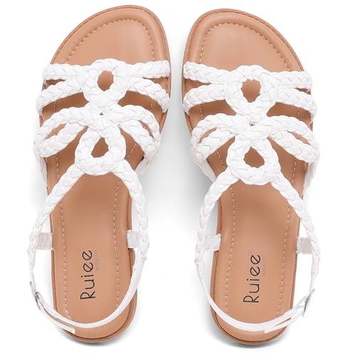 Image of Ruiee Wide Width Sandals for Women, Summer Flat Slides Casual Braided Wide Feet Sandal Comfort Slip on Sandals Open Toe Beach Shoes for Women.