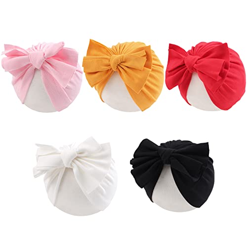 Image of Baby Girl Turban Newborn Beanies Hat 5 Pieces Cotton Infant Girls Headwraps Toddler Kids Hats 0-3 Years