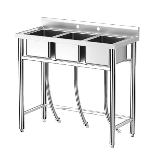 Image of Garvee 3-Compartment Freestanding Stainless Steel Utility Sink, NSF Certified Commercial Triple-Bowl Wash Station - Indoor /Outdoor for Restaurant, Garage, Laundry, Backyard