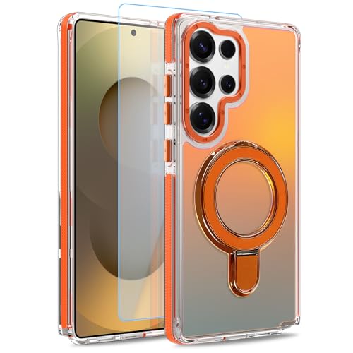 Image of Magnetic for Samsung Galaxy S25 Ultra Case with Stand [Compatible with Magsafe] [Cute Fluorescent Design] [1 Screen Protector] Slim Translucent Matte Case for Galaxy S25 Ultra 6.9 inch, Orange