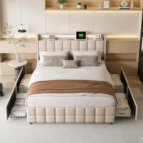 BRILVERDE Polsterbett 180x200 mit Stauraum, Doppelbett mit LED/USB, Jugendbett mit 4 Schubladen, Bettgestell mit Kopfteil und Lattenrost, Leinen (Beige, 180 x 200 cm) BRILVERDE Polsterbett 180x200 mit Stauraum, Doppelbett mit LED/USB, Jugendbett mit 4 Schubladen, Bettgestell mit Kopfteil und Lattenrost, Leinen (Beige, 180 x 200 cm)